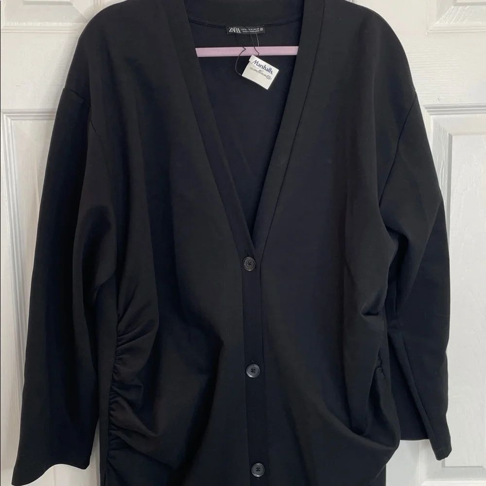 ZARA LONG RUCHED BUTTON-DOWN OVERSIZED COCOON STYLE CARDIGAN JACKET BLACK SZ M